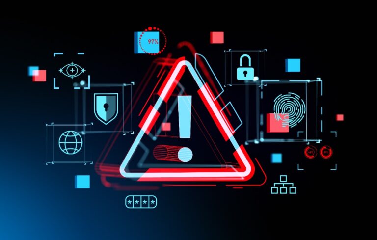 Red alert sign hologram and digital cybersecurity icons and password