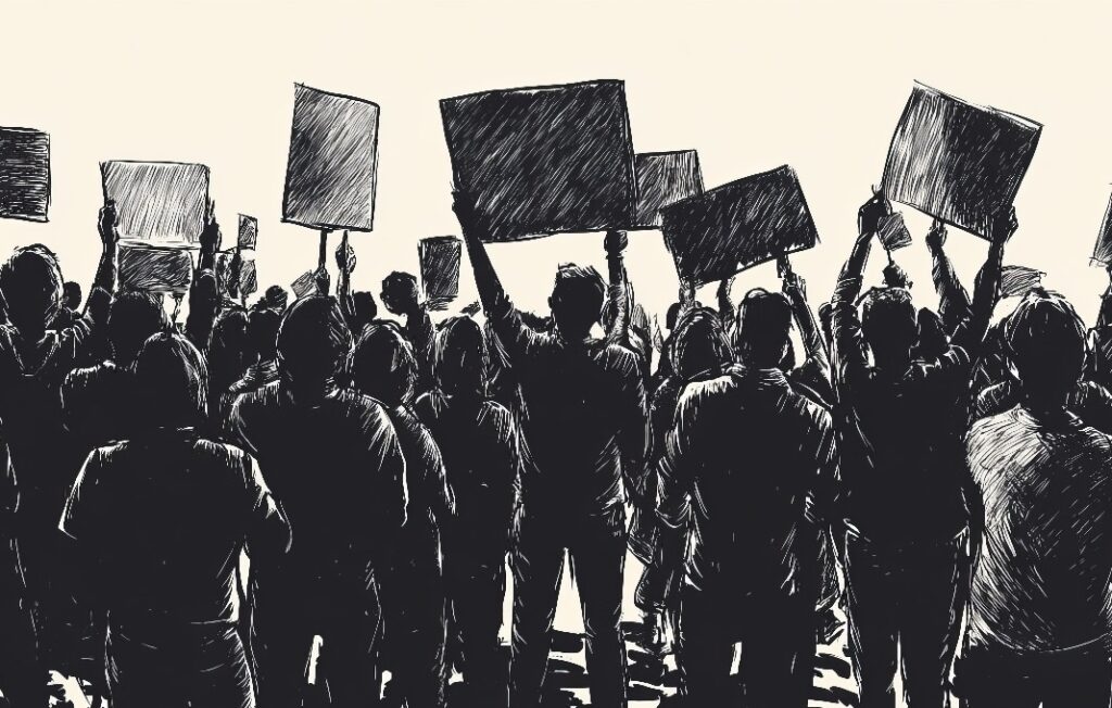 Illustration of crowd holding signs