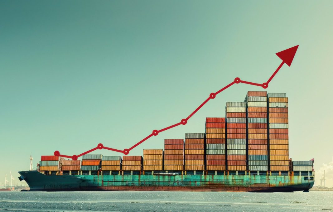 Container ship with arrow following increasing stack of containers