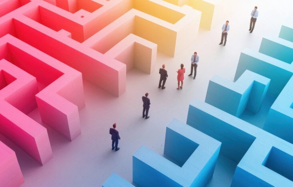 Mini figures standing in a colorful maze