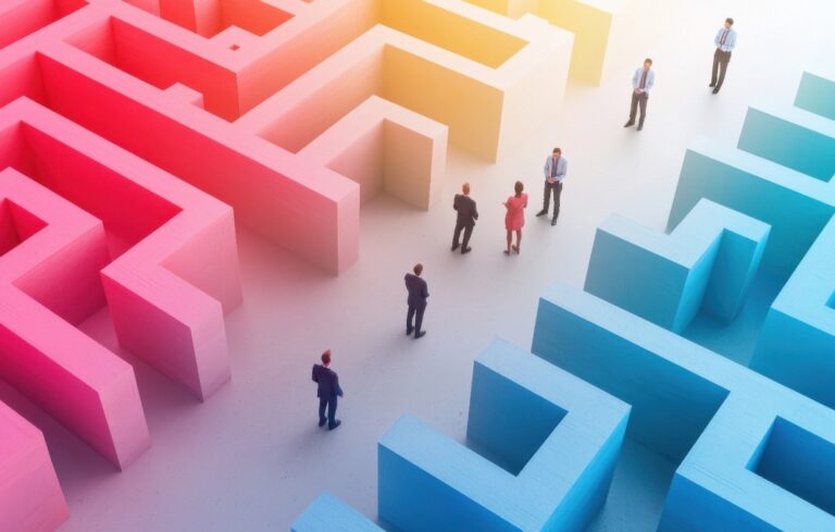 Mini figures standing in a colorful maze