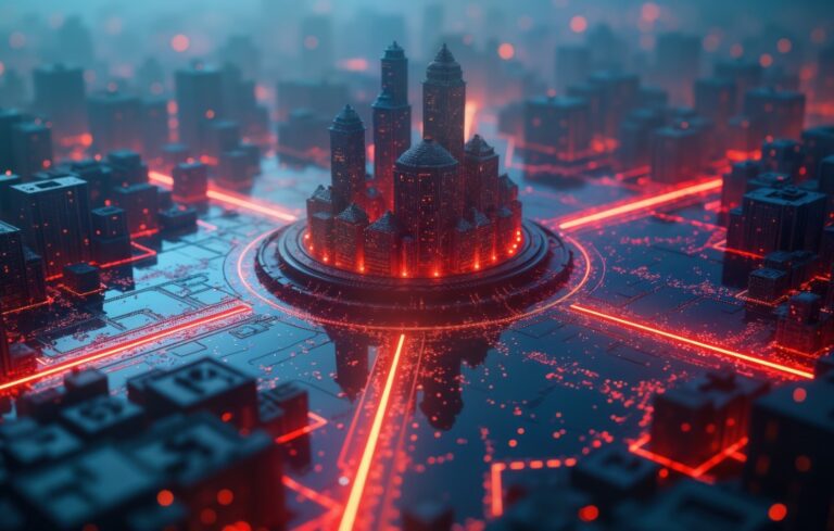 Futuristic city built on tech surface.