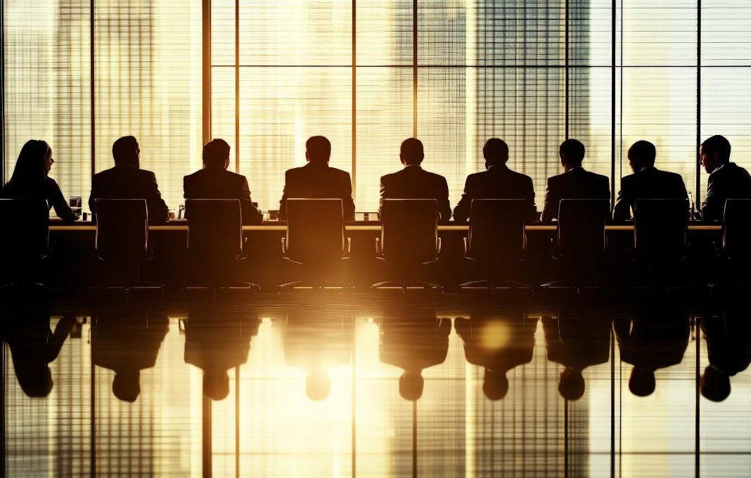 Business leaders strategize in a high-rise boardroom during sunset overlooking the city skyline
