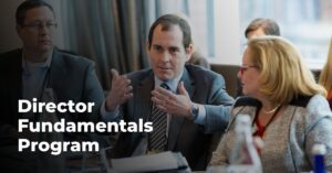 Three people in frame. Two men in the middle and left side, both wearing suits. Woman on the right wearing a tweed blazer. The text "Director Fundamentals Program" as an overlay.