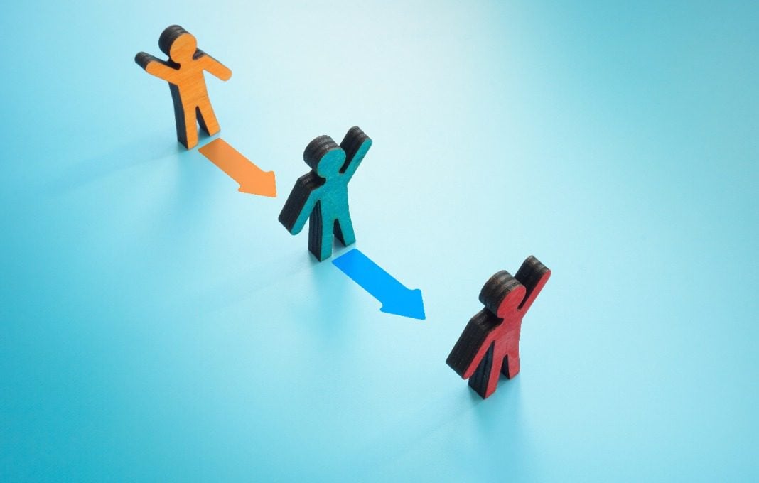Figurines and colorful arrows. Leadership Transitions concept.