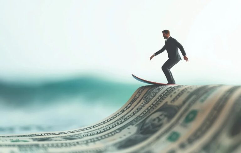Man surfing on money