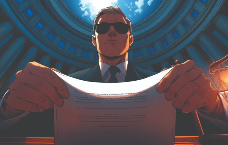 Vintage-style illustration of a court officer delivering a subpoena with muted colors