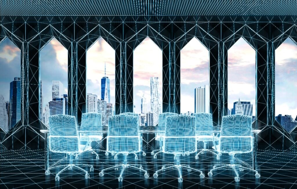 Virtual conference room interior, blue