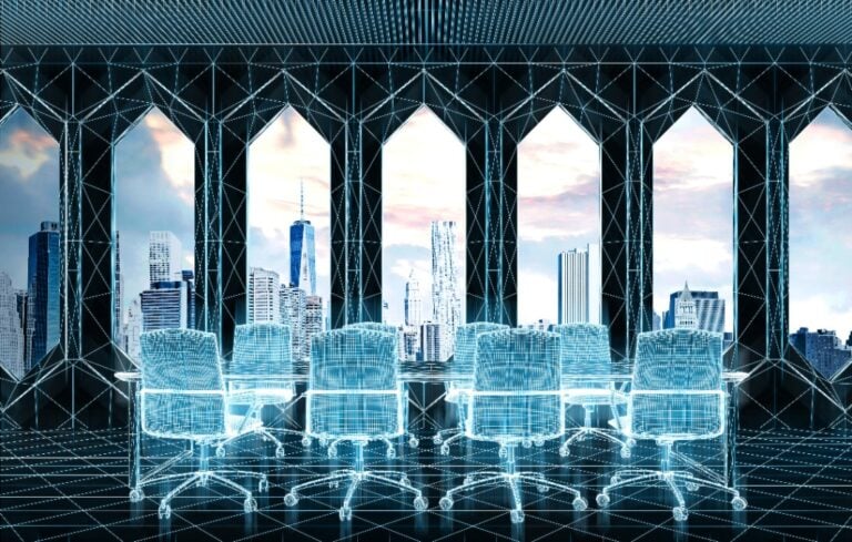 Virtual conference room interior, blue