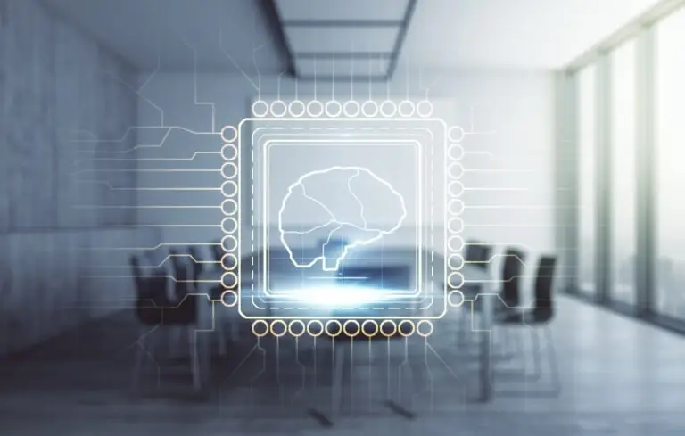 Virtual creative artificial Intelligence hologram with human brain sketch on a modern conference room background. Multiexposure