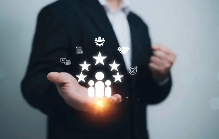 Businessman showing customer satisfaction and client success strategy with glowing star rating icon