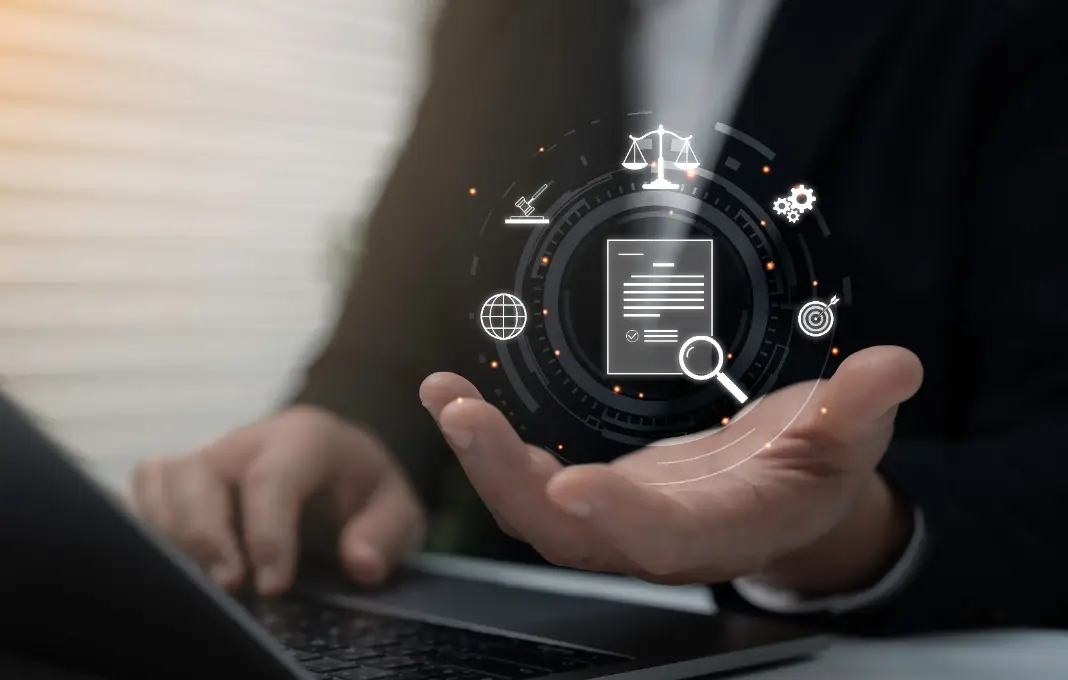 Businessman holding digital legal document icon with law justice scale contract and search symbols