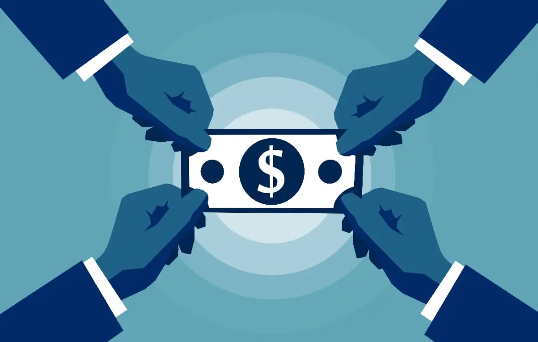 Four Hands reaching to cash paper money dollar sign symbol.