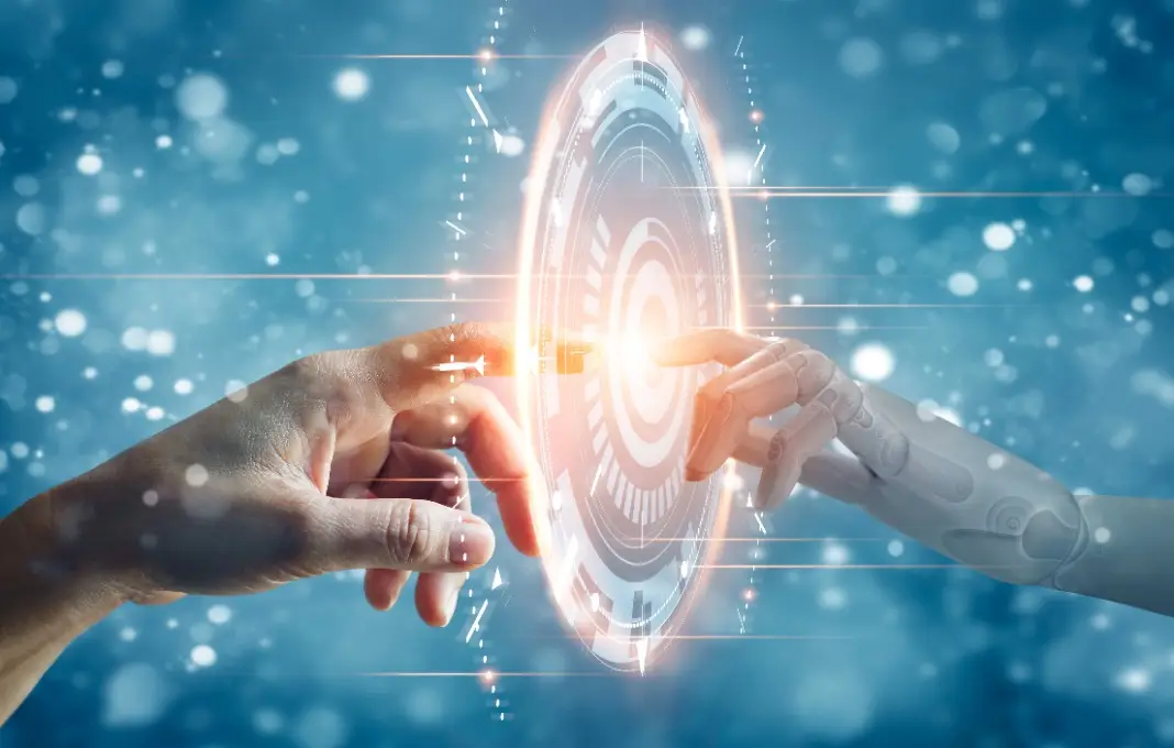 Hands of robot and human touching on big data network connection