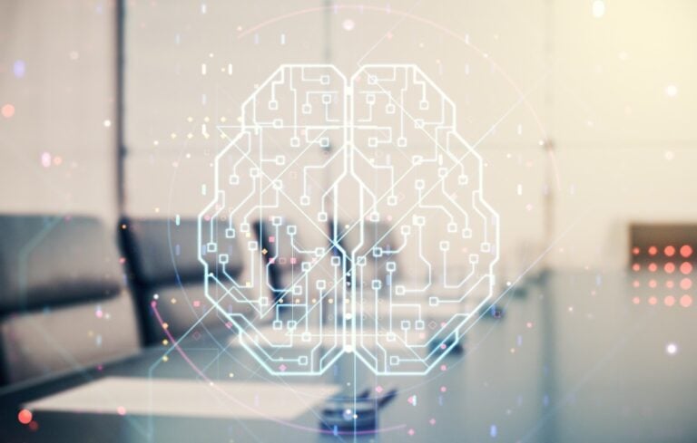 Double exposure of creative human brain microcircuit hologram on a modern boardroom background.