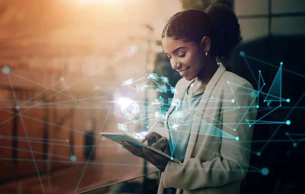 woman with tablet hologram of world user data or global analytics.