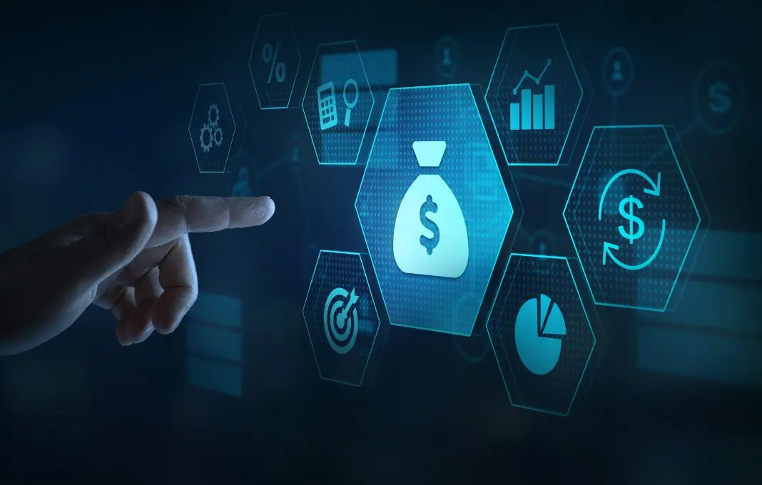 Finger pointing at screen with image of bag of money