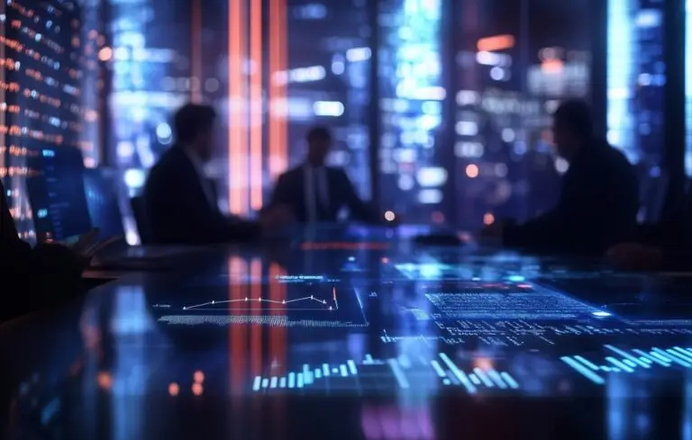 Business people sitting at a table with a computer screen.