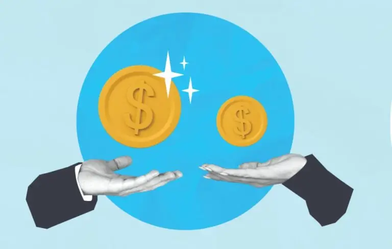 Illustration of hands holding up gold coins on a blue background
