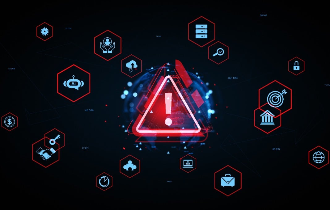Cybersecurity threat alert with digital warning icons and AI symbols on a futuristic tech background