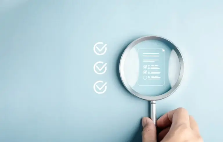 Survey document checking process showing magnifying glass focusing on online checklist form