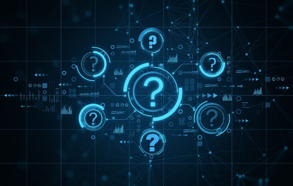 Abstract glowing question marks interface on blue backdrop.