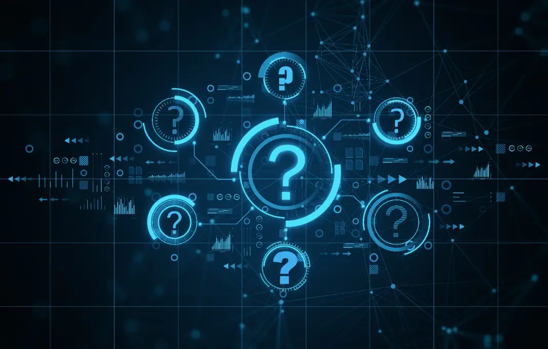 Abstract glowing question marks interface on blue backdrop.