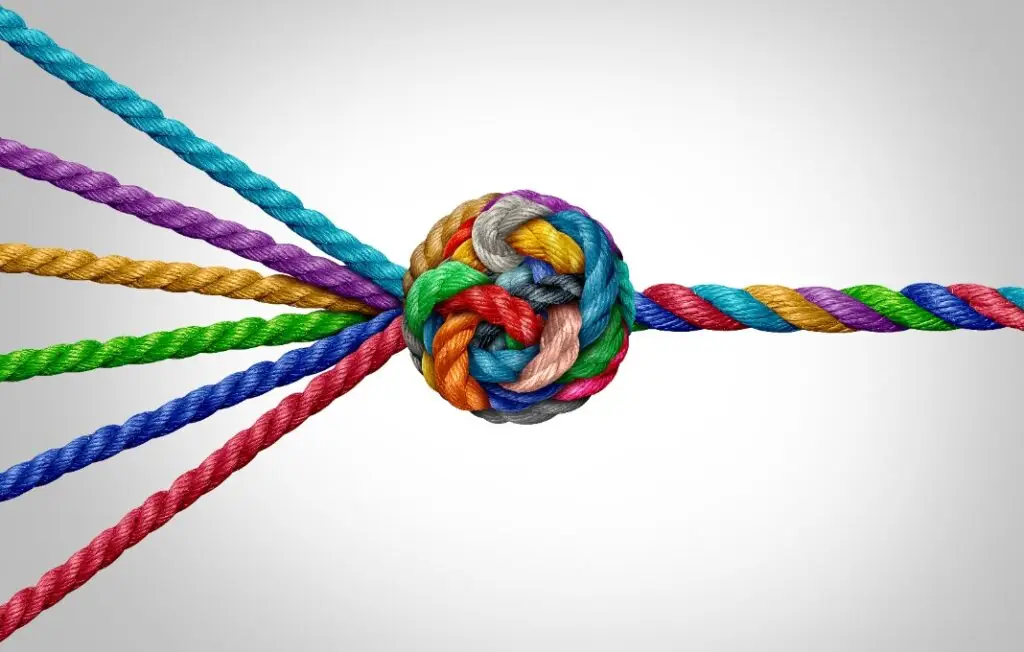 Colorful ropes twisting into a ball and then a cohesive rope