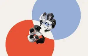 Two groups of people standing over different colored circles overlapping