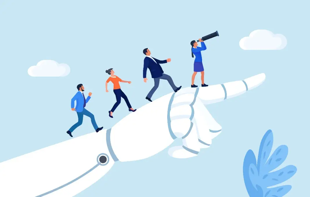 Business team runs up on robot hand pointing upwards.