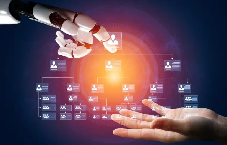 Human and robot hand reaching towards digital org chart