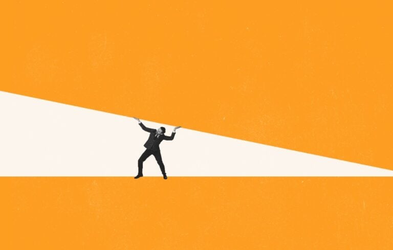 Contemporary art collage. Businessman standing under heavy pressure