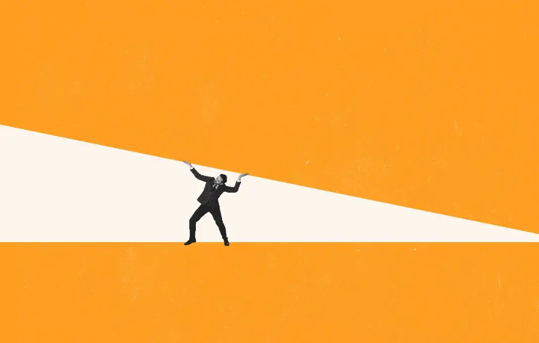 Contemporary art collage. Businessman standing under heavy pressure