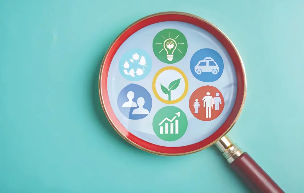 Magnifying glass around various symbols