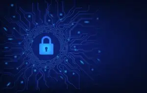 Padlock on futuristic circuit board.