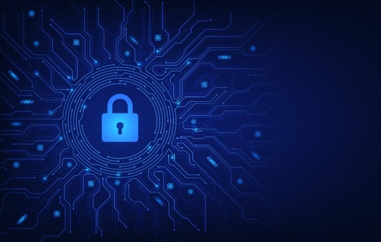 Padlock on futuristic circuit board.