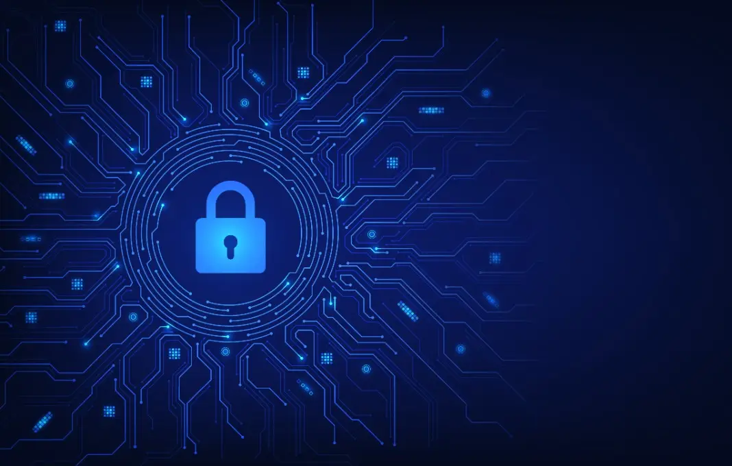 Padlock on futuristic circuit board.