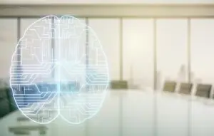 hologram with human brain sketch on a modern conference room background.