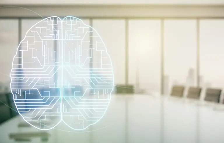 hologram with human brain sketch on a modern conference room background.