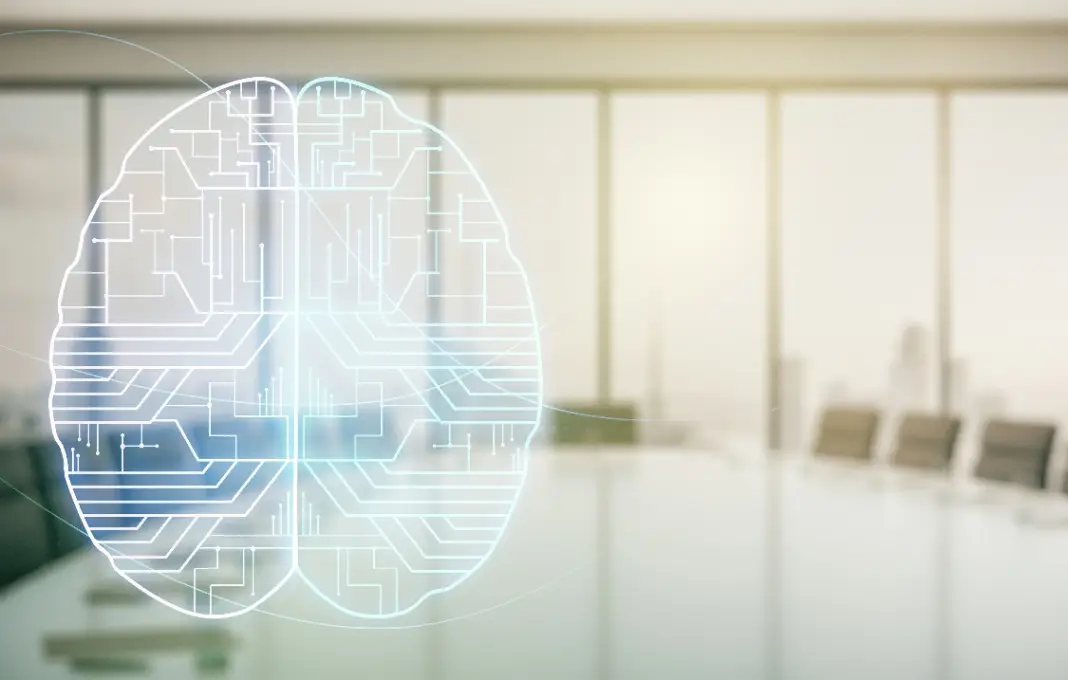 hologram with human brain sketch on a modern conference room background.