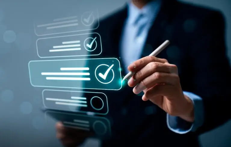 Business professional using digital checklist interface with checkmark icons
