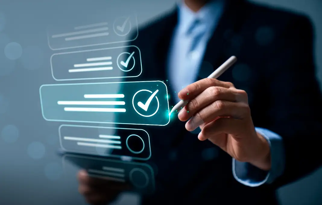 Business professional using digital checklist interface with checkmark icons