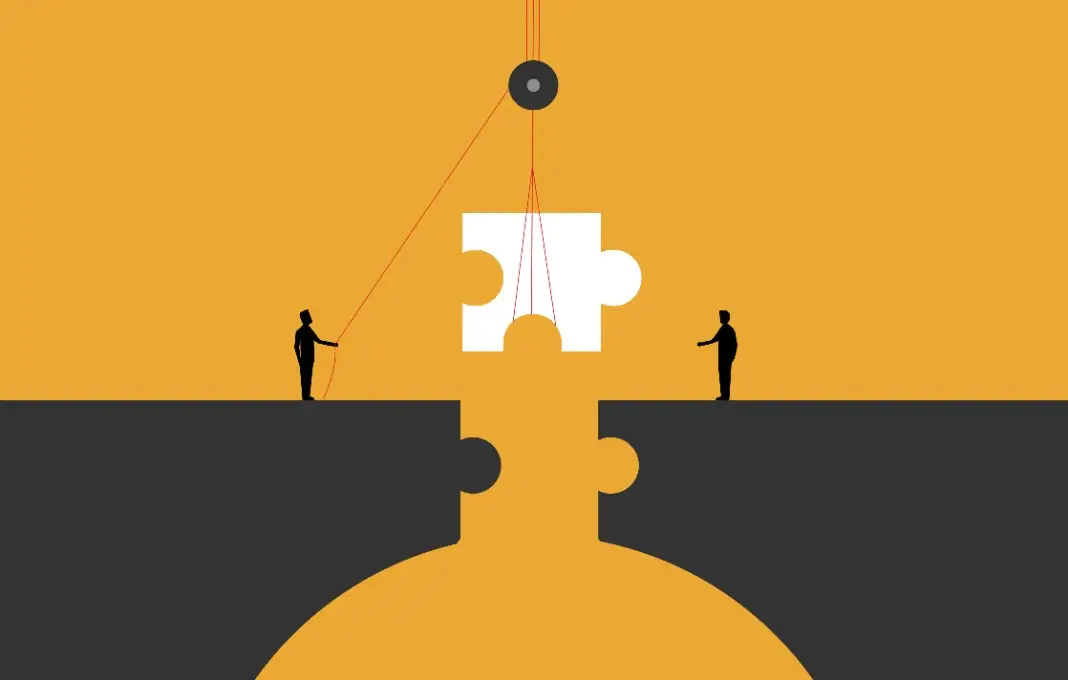 Two businessmen are building a bridge to fill the gap
