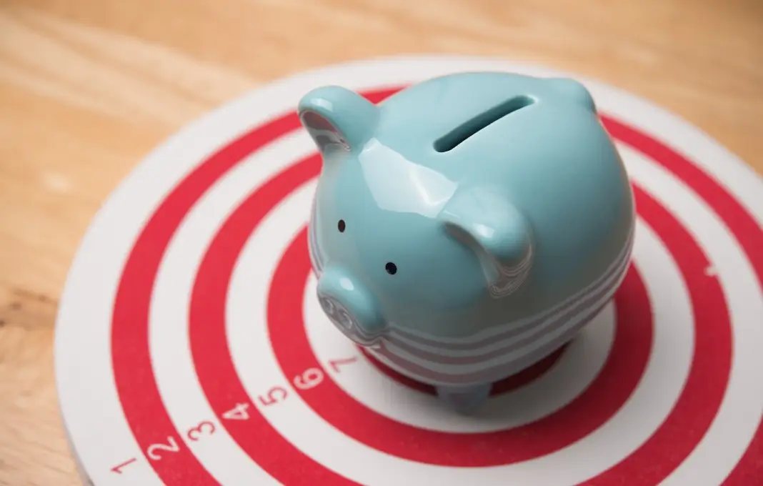 Downloaded File #: 2050817817 Piggy bank is in center of dartboard.