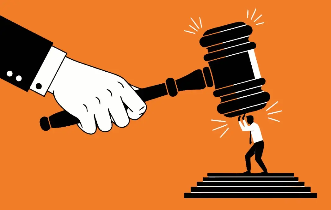 A small person crushed under a judge's gavel, a vector illustration