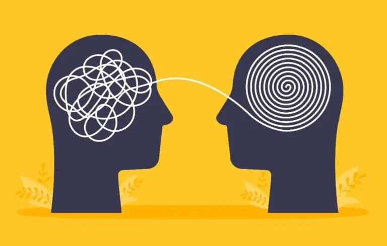 Human heads with tangled chaos disorder turns into order line