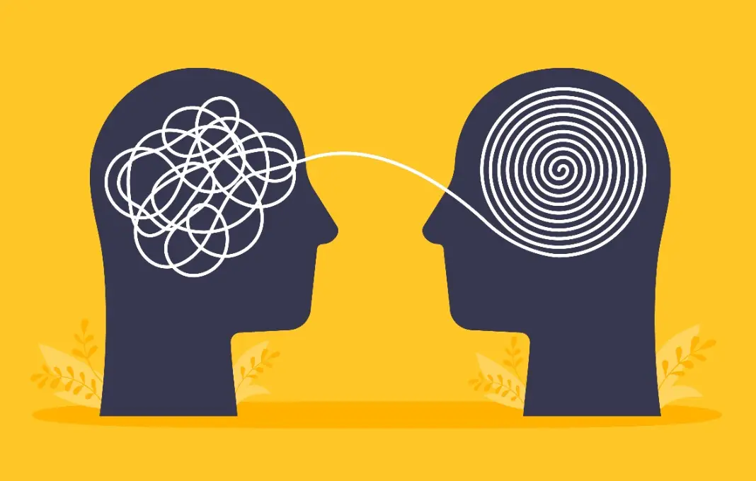 Human heads with tangled chaos disorder turns into order line