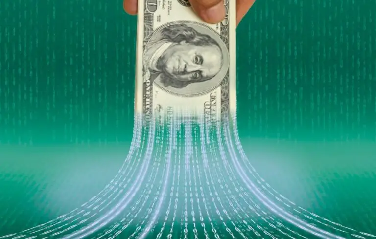 US bank note with binary code on abstract digital code background.