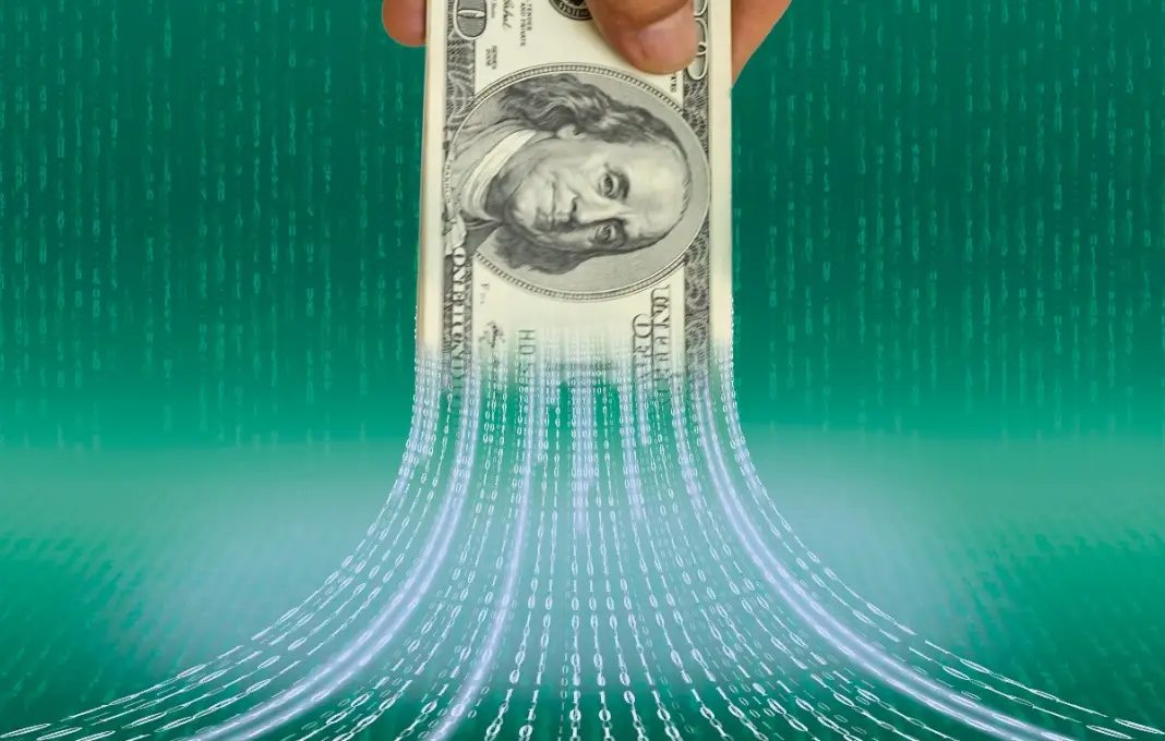 US bank note with binary code on abstract digital code background.