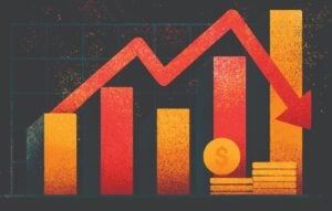 Arrow pointing down in front of bar chart with stack of coins
